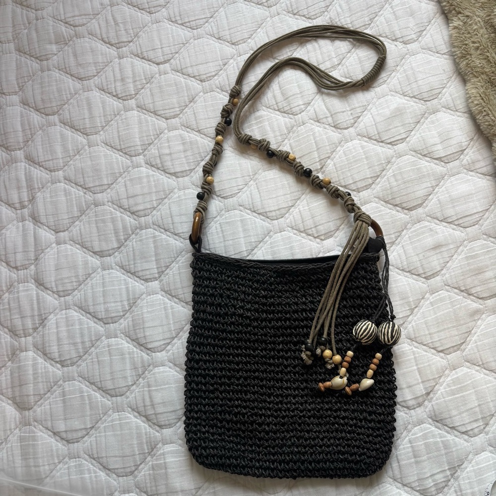 Boho Woven Crossbody Bag with Beaded Strap – Black Textured Purse